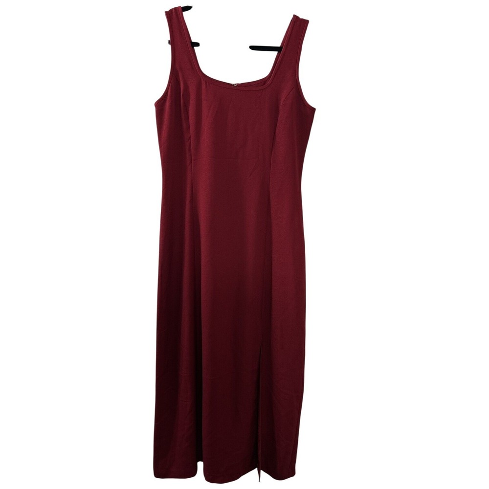Laura Ashley Crepe Sheath Dress 8 Burgundy Square Neck Side Slit 90s Minimalist